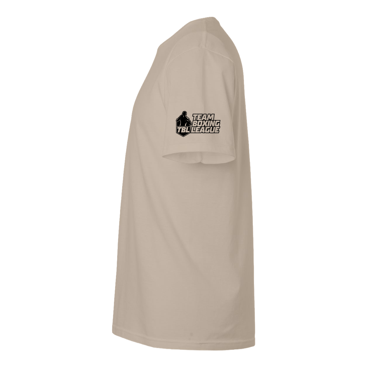 Beige t-shirt with a logo on the chest against a white background