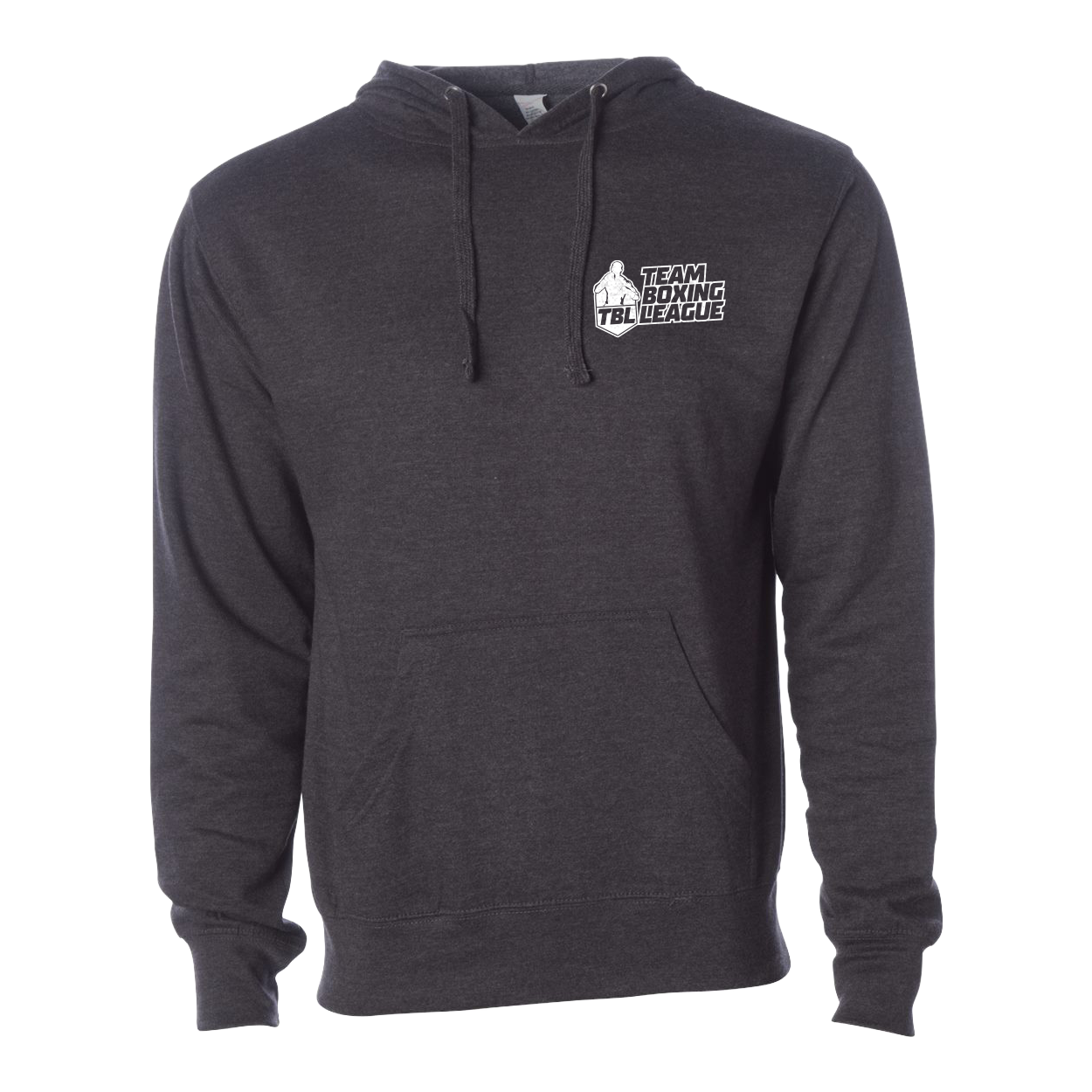 Dark gray hoodie with a logo on the chest against a white background