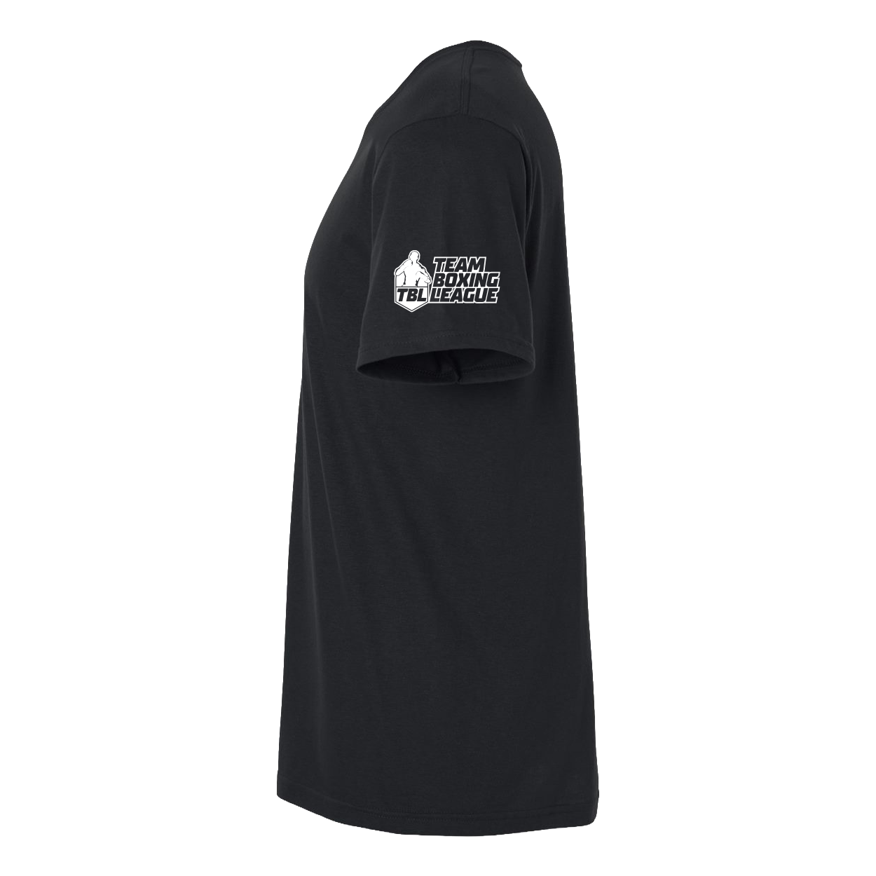 Black t-shirt with a colorful graphic on the sleeve against a white background
