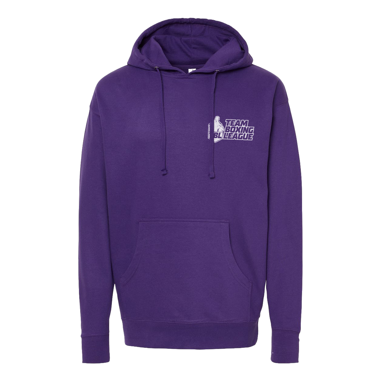 Purple hoodie with a logo on the chest against a white background