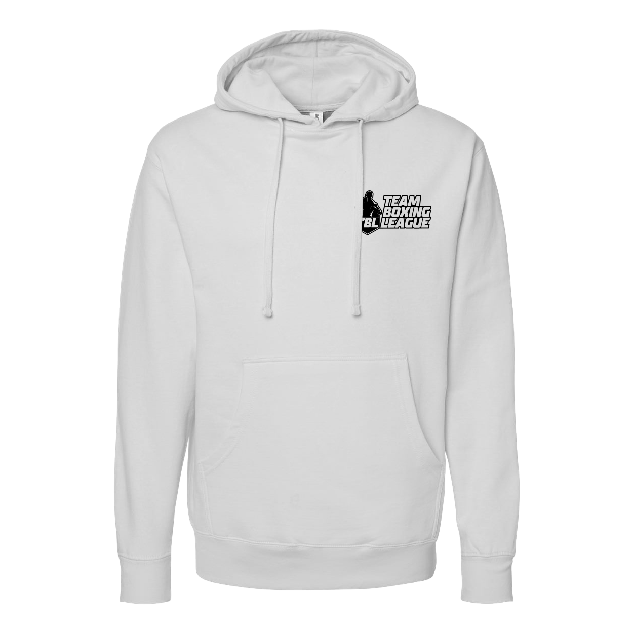 White hoodie with a logo on the chest against a white background