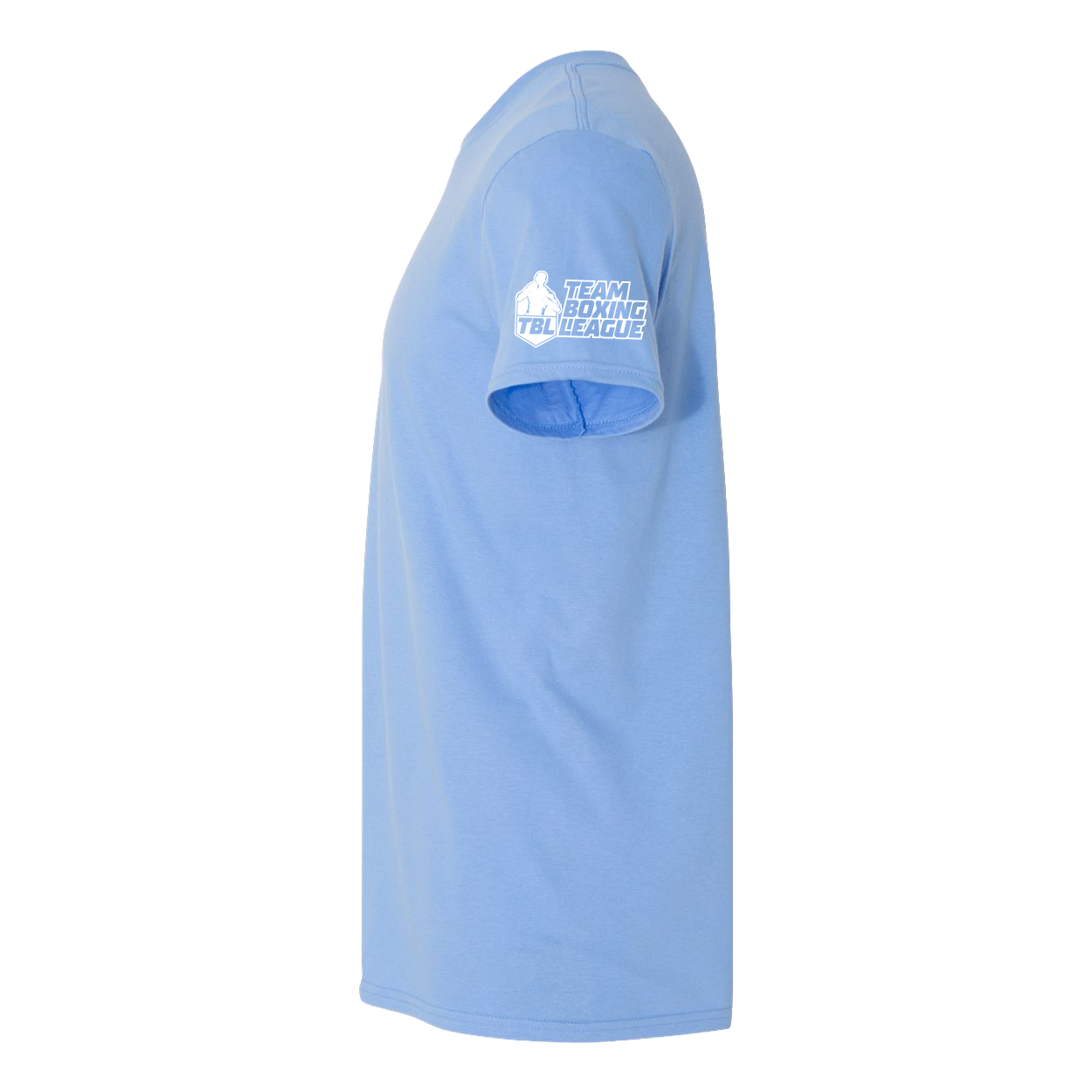 Light blue t-shirt with a logo on the sleeve against a white background