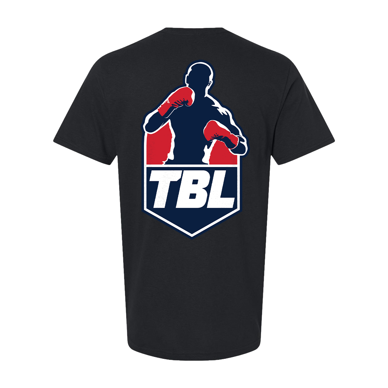 Black t-shirt with a logo featuring a silhouette and 'TBL' text on the back.