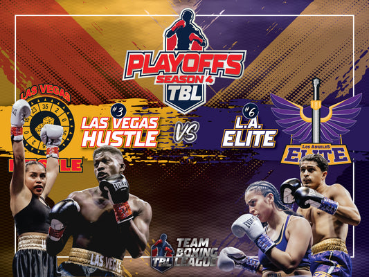 Promotional graphic for the Playoffs Season 4 TBL boxing event, featuring four professional boxers in fighting poses with team logos for Las Vegas Hustle and L.A.