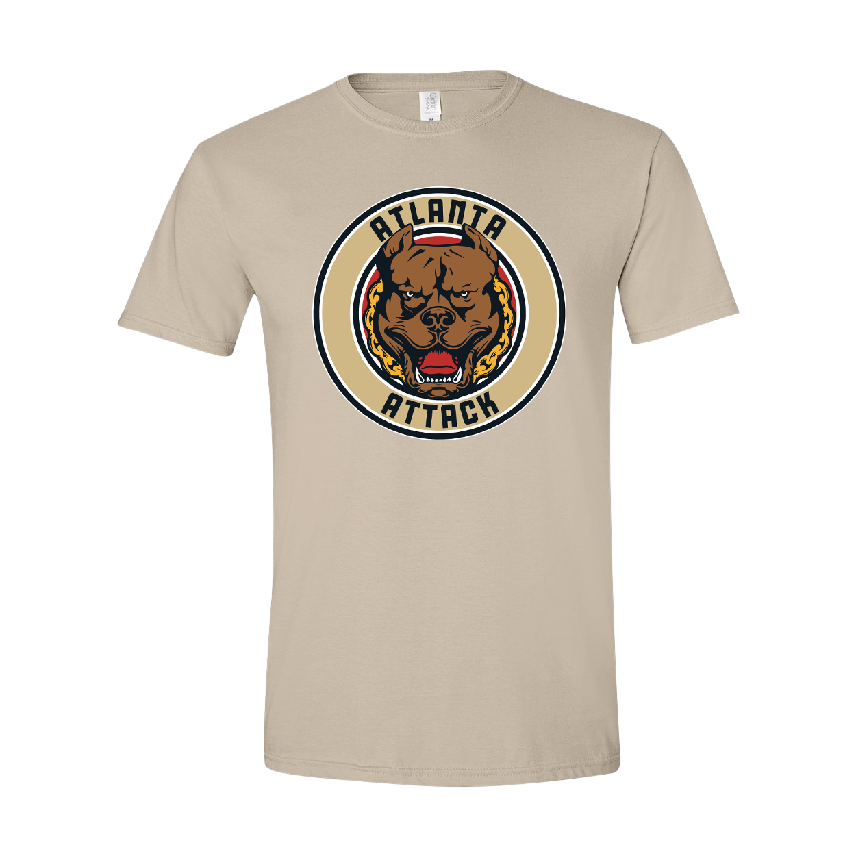 Beige t-shirt with 'Atlanta Attack' graphic design featuring a bear on a white background