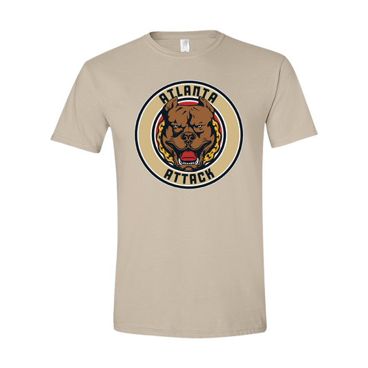 Beige t-shirt with 'Atlanta Attack' graphic design featuring a bear on a white background
