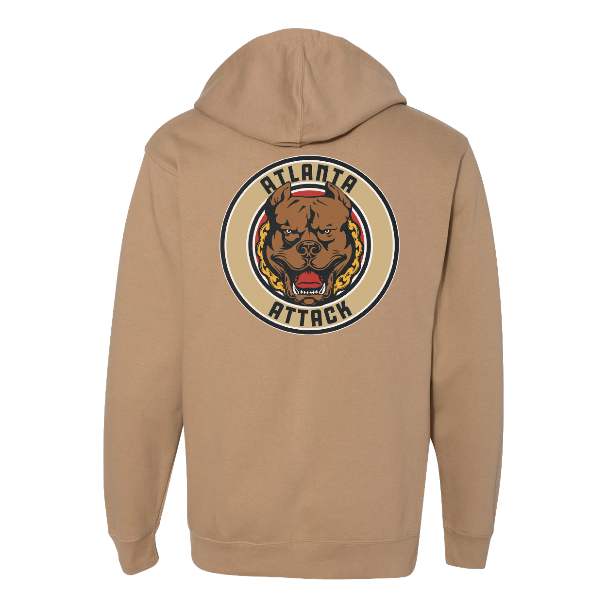 Beige hoodie with a graphic of a dog and text on the back against a white background