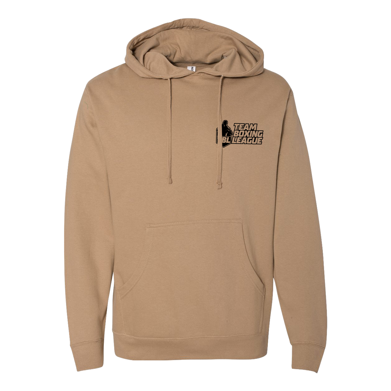 Beige hoodie with a logo on the chest against a white background
