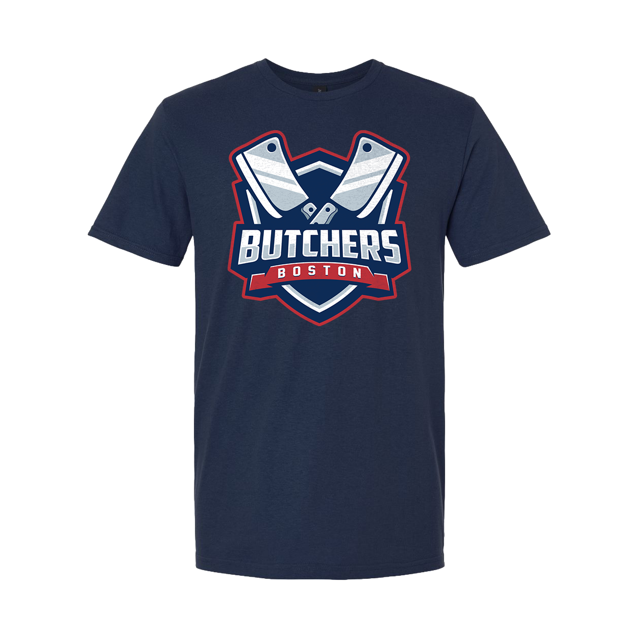 Navy blue t-shirt with 'Butchers Boston' logo on a white background