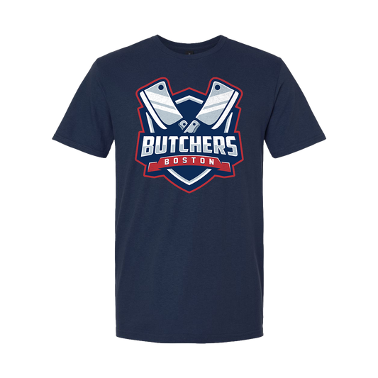 Navy blue t-shirt with 'Butchers Boston' logo on a white background