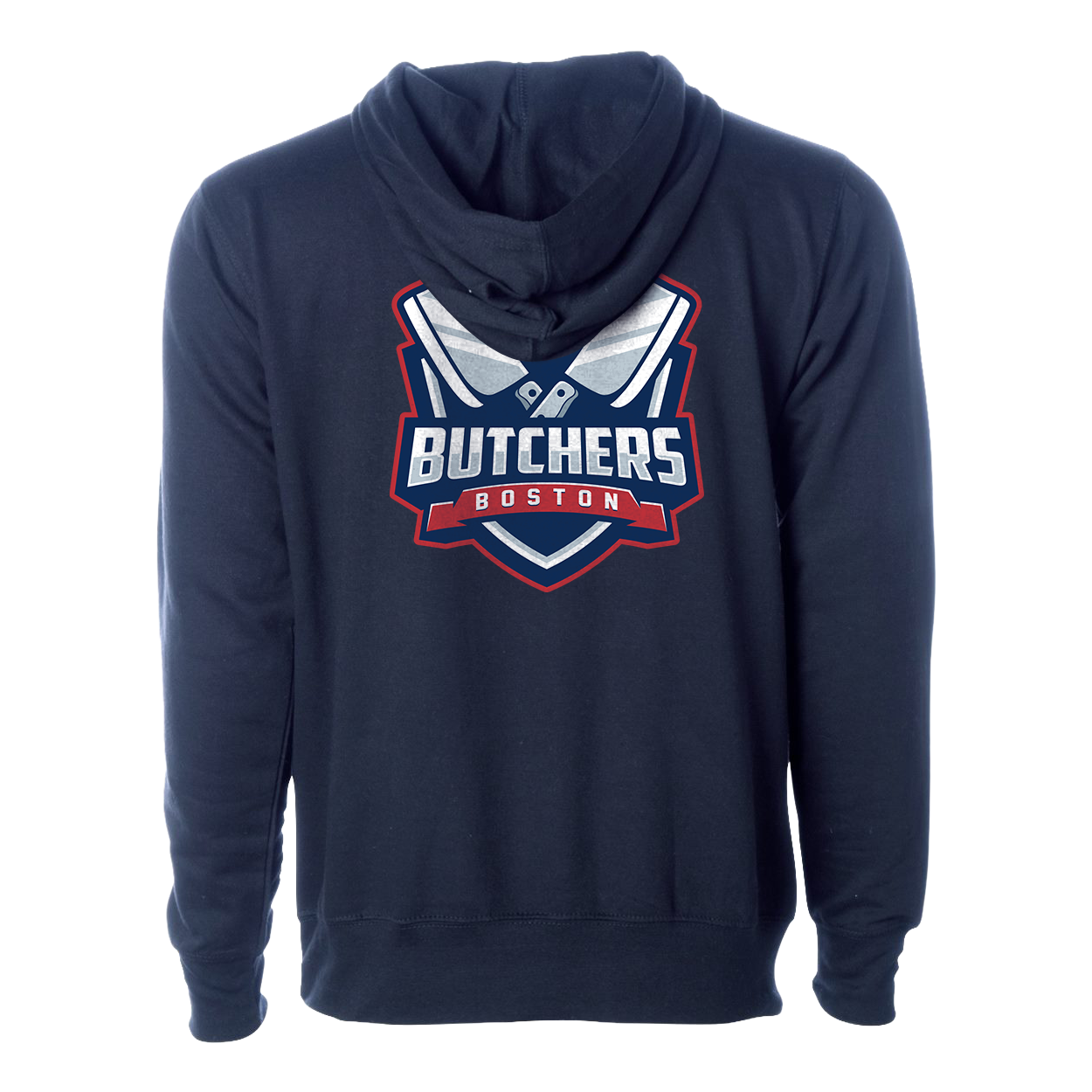 Navy blue hoodie with 'Butchers Boston' logo on the back against a white background