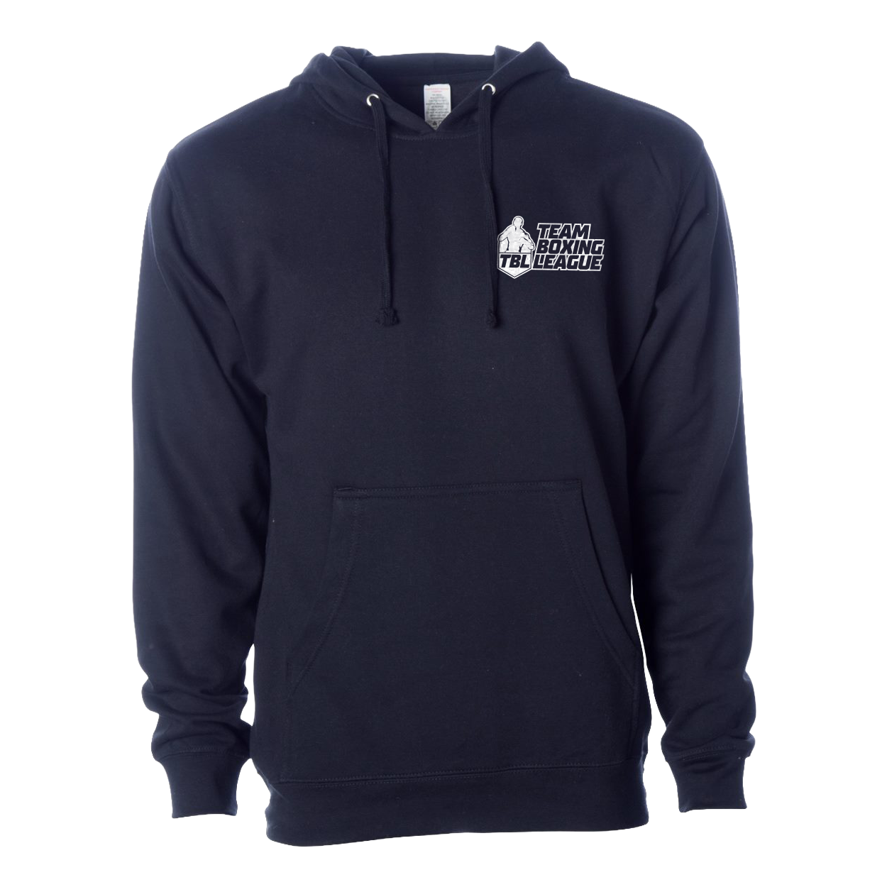 Black hoodie with a logo on the chest against a white background
