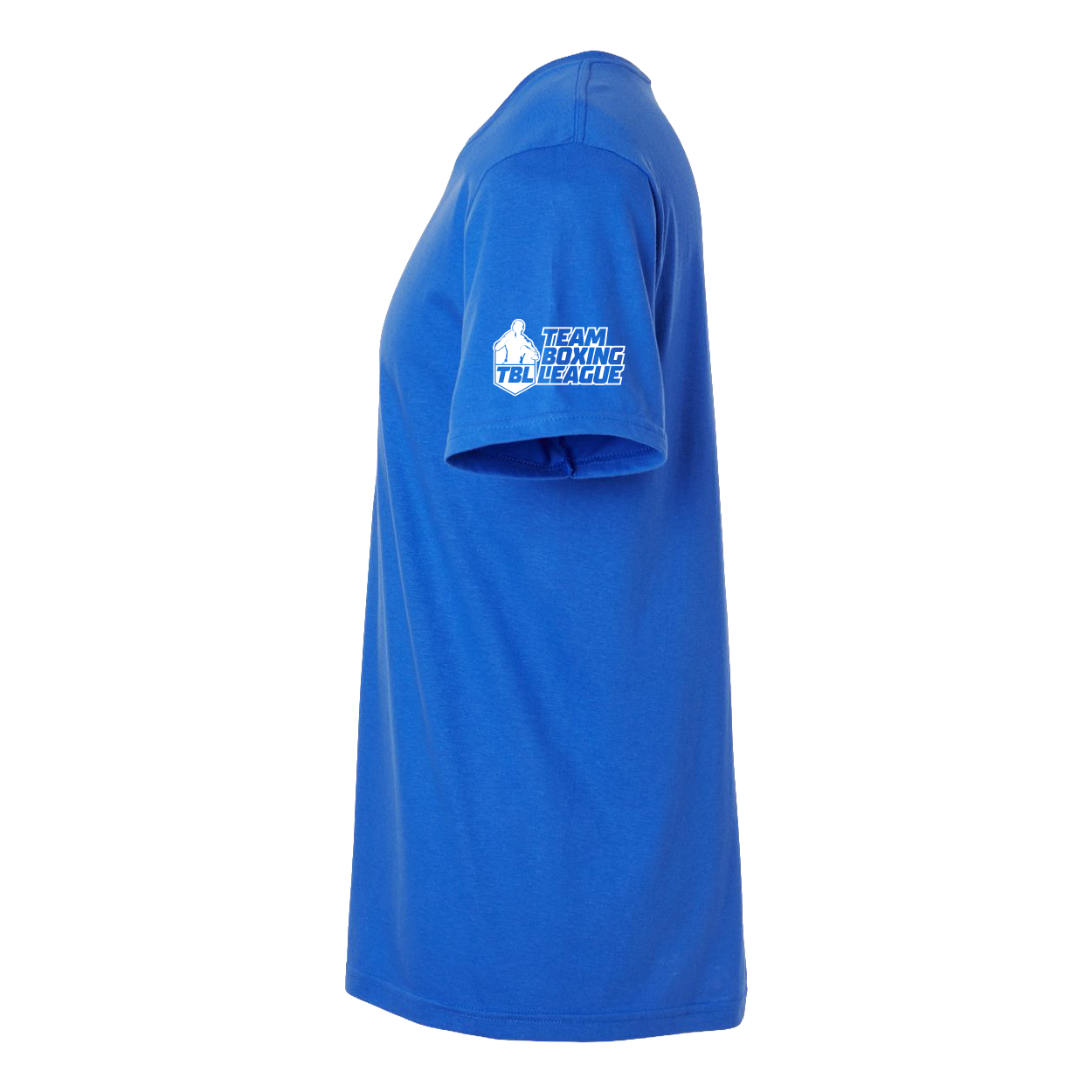 Blue t-shirt with a logo on the chest against a white background