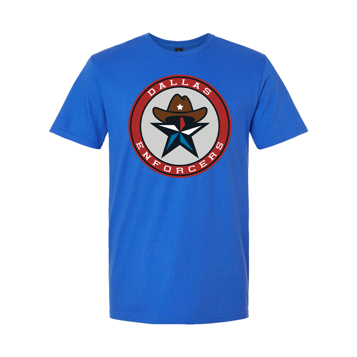 Blue t-shirt with 'Dallas Enforcers' logo on a white background