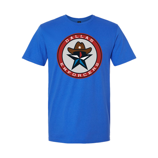 Blue t-shirt with 'Dallas Enforcers' logo on a white background