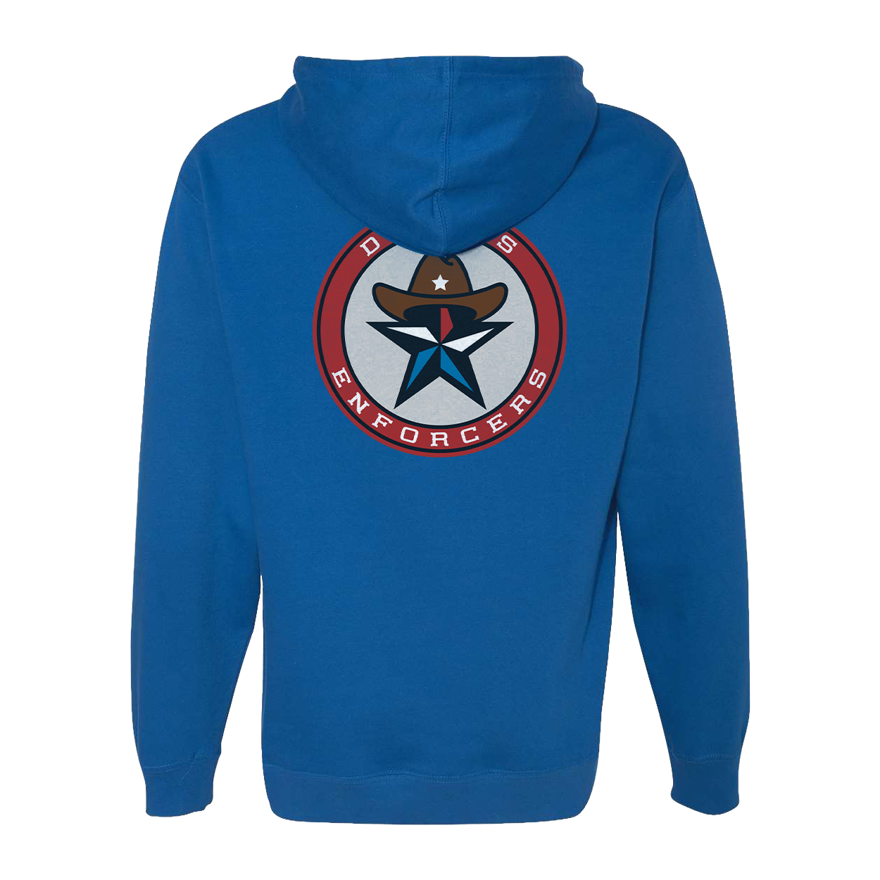 Blue hoodie with a logo on the back against a white background