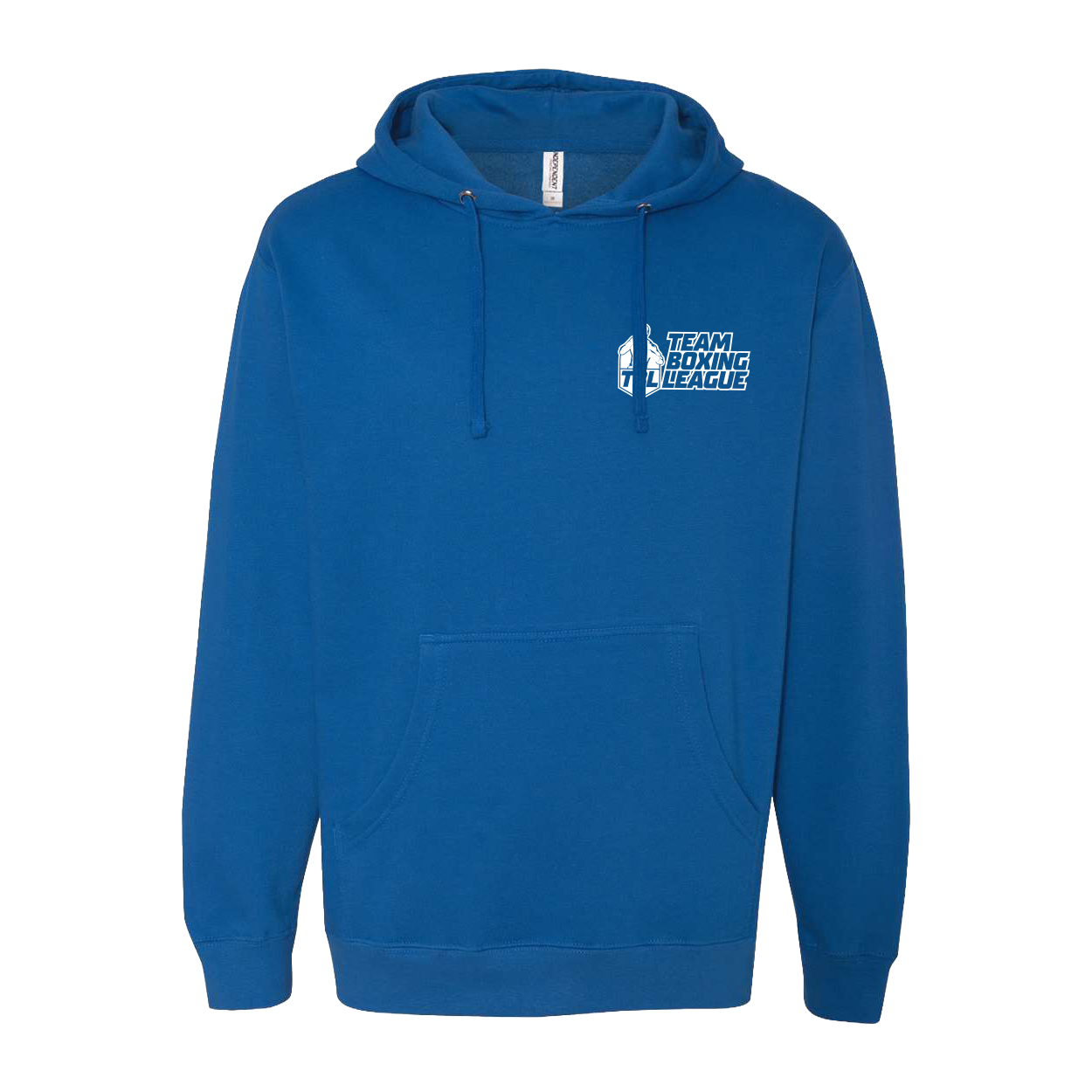 Blue hoodie with 'Team Racing League' logo on a white background