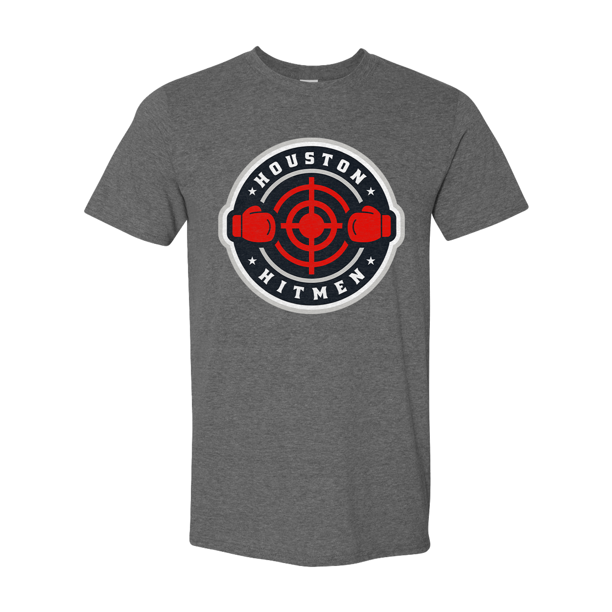 Gray t-shirt with 'Houston Hitmen' logo on a white background