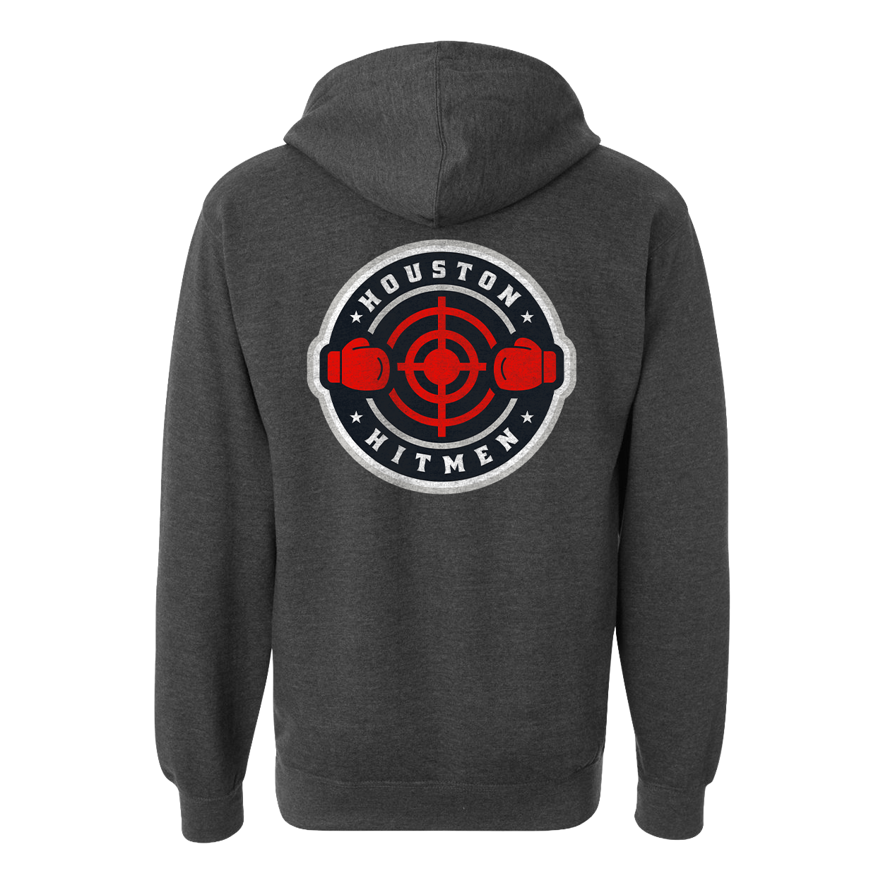 Dark gray hoodie with 'Houston Hitmen' logo on the back against a white background