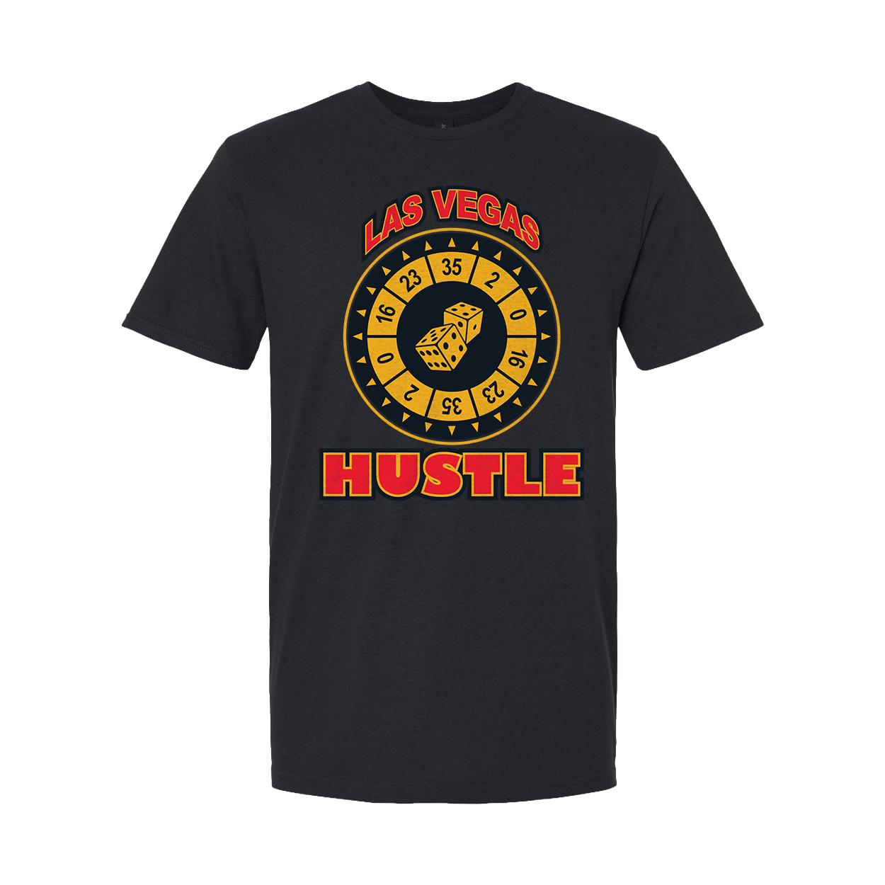 Black t-shirt with 'Las Vegas Hustle' design featuring a dice and numbers on a white background
