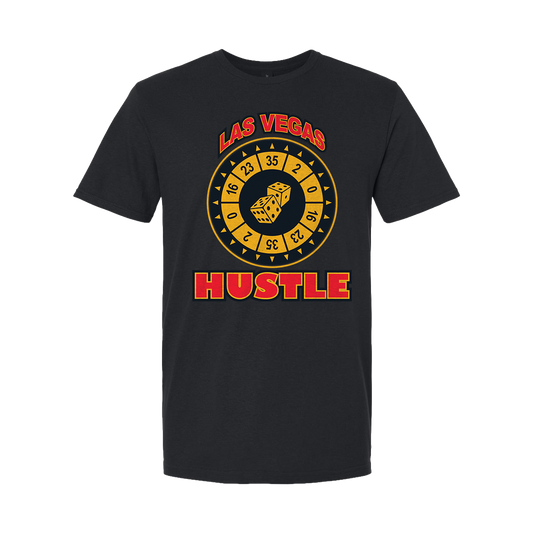 Black t-shirt with 'Las Vegas Hustle' design featuring a dice and numbers on a white background