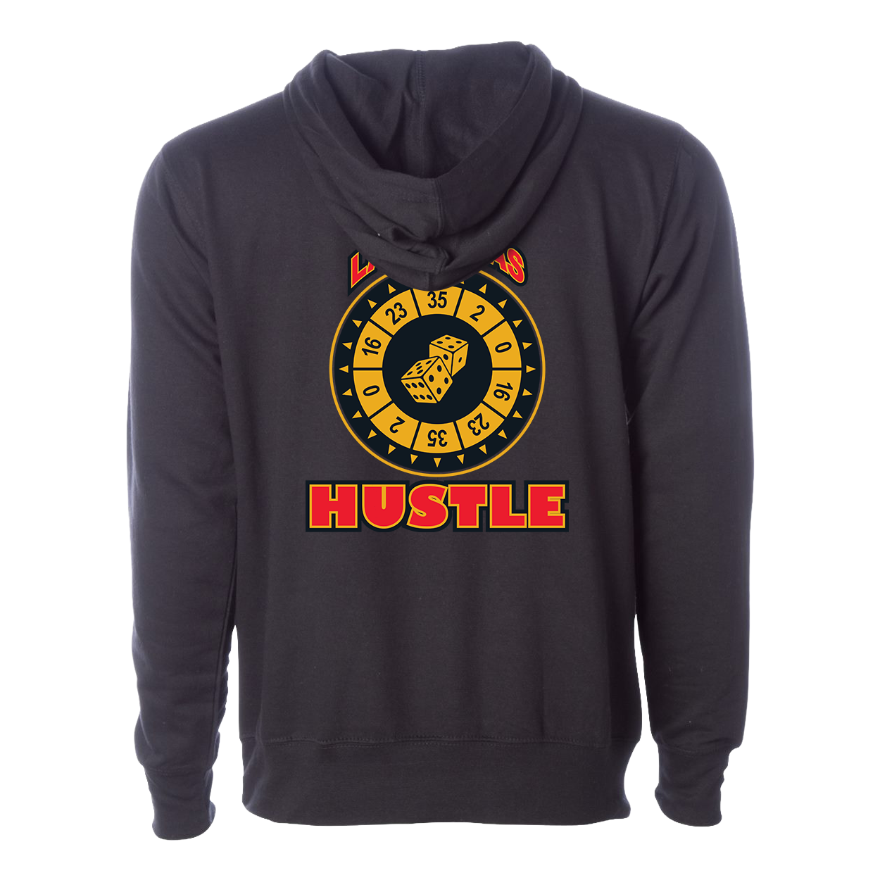 Black hoodie with a circular design and 'HUSTLE' text on the back, on a white background