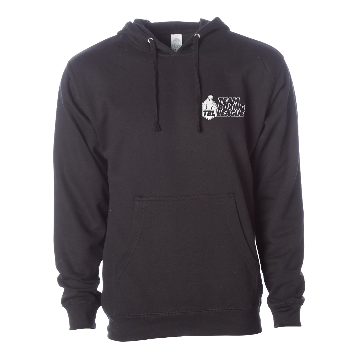 Black hoodie with a logo on the chest against a white background