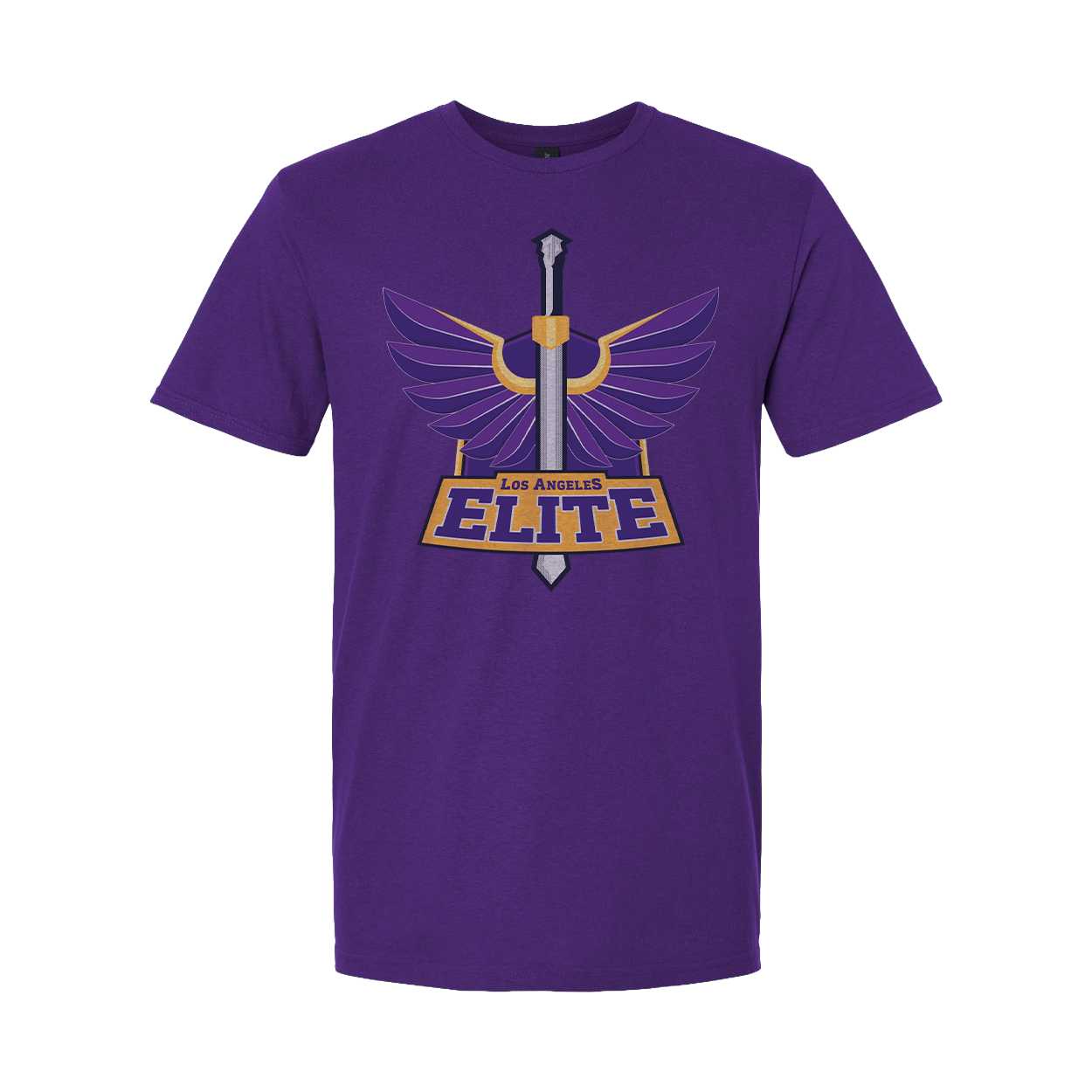 Purple t-shirt with 'Los Angeles Elite' logo on a white background