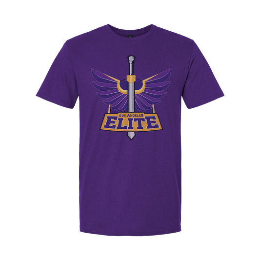 Purple t-shirt with 'Los Angeles Elite' logo on a white background