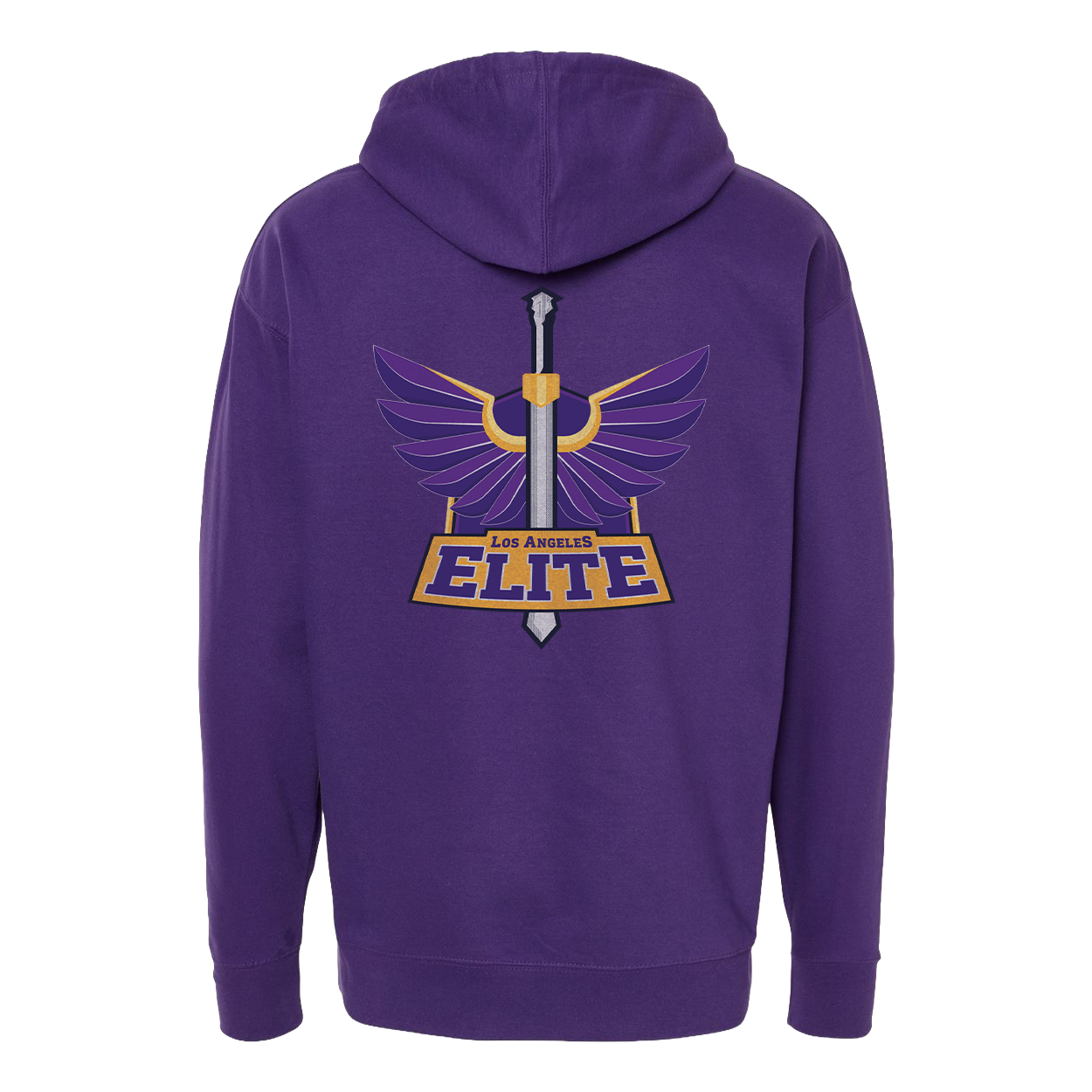 Purple hoodie with 'Los Angeles Elite' logo on the back against a white background