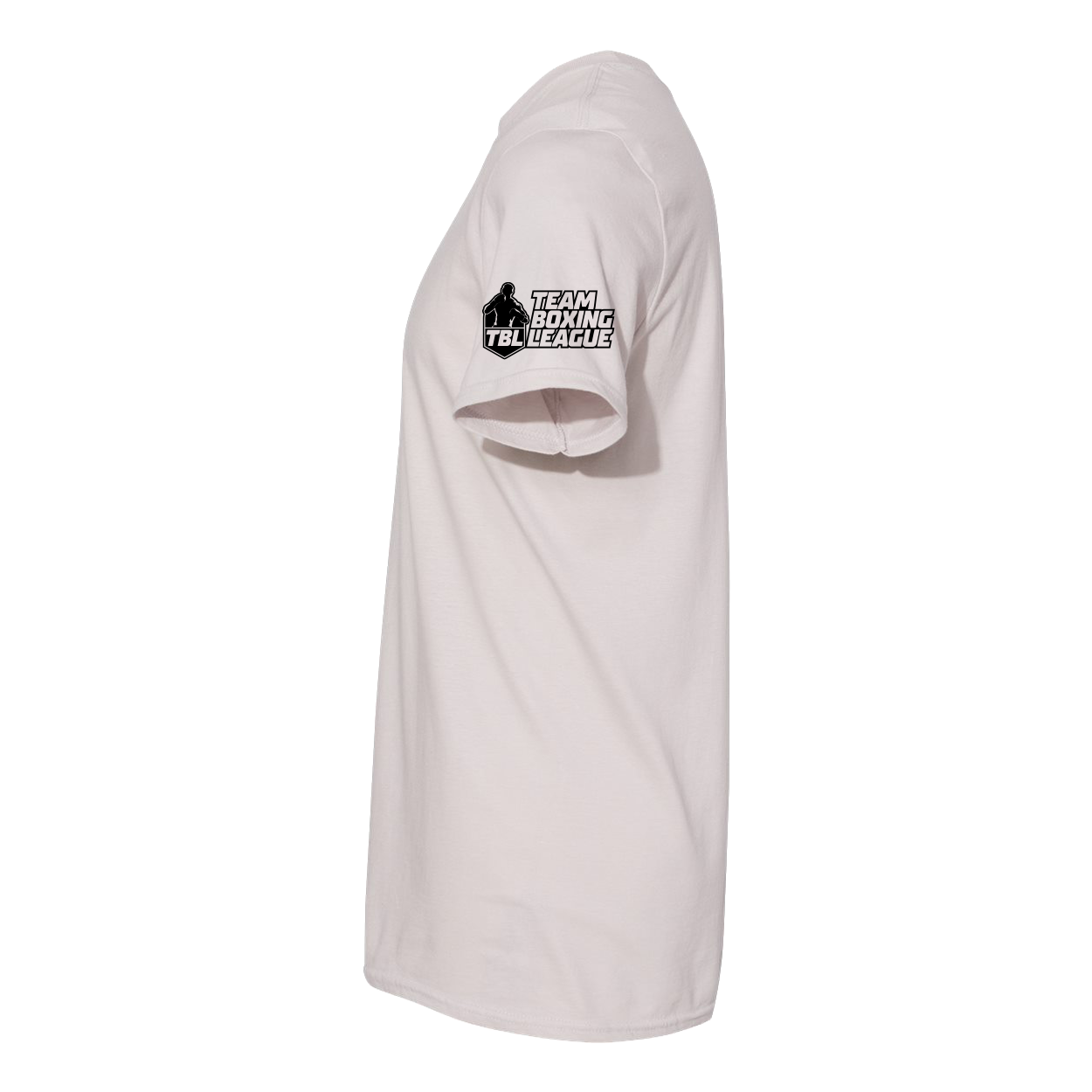 White t-shirt with a logo on the sleeve against a white background