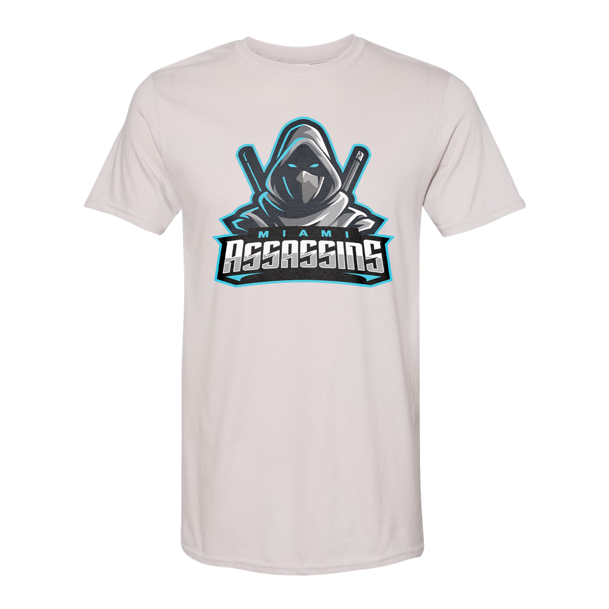 White t-shirt with 'Miami Assassins' logo on a white background