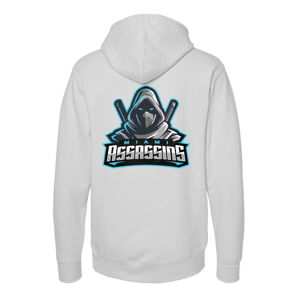 White hoodie with 'Miami Assassins' logo on the back against a white background