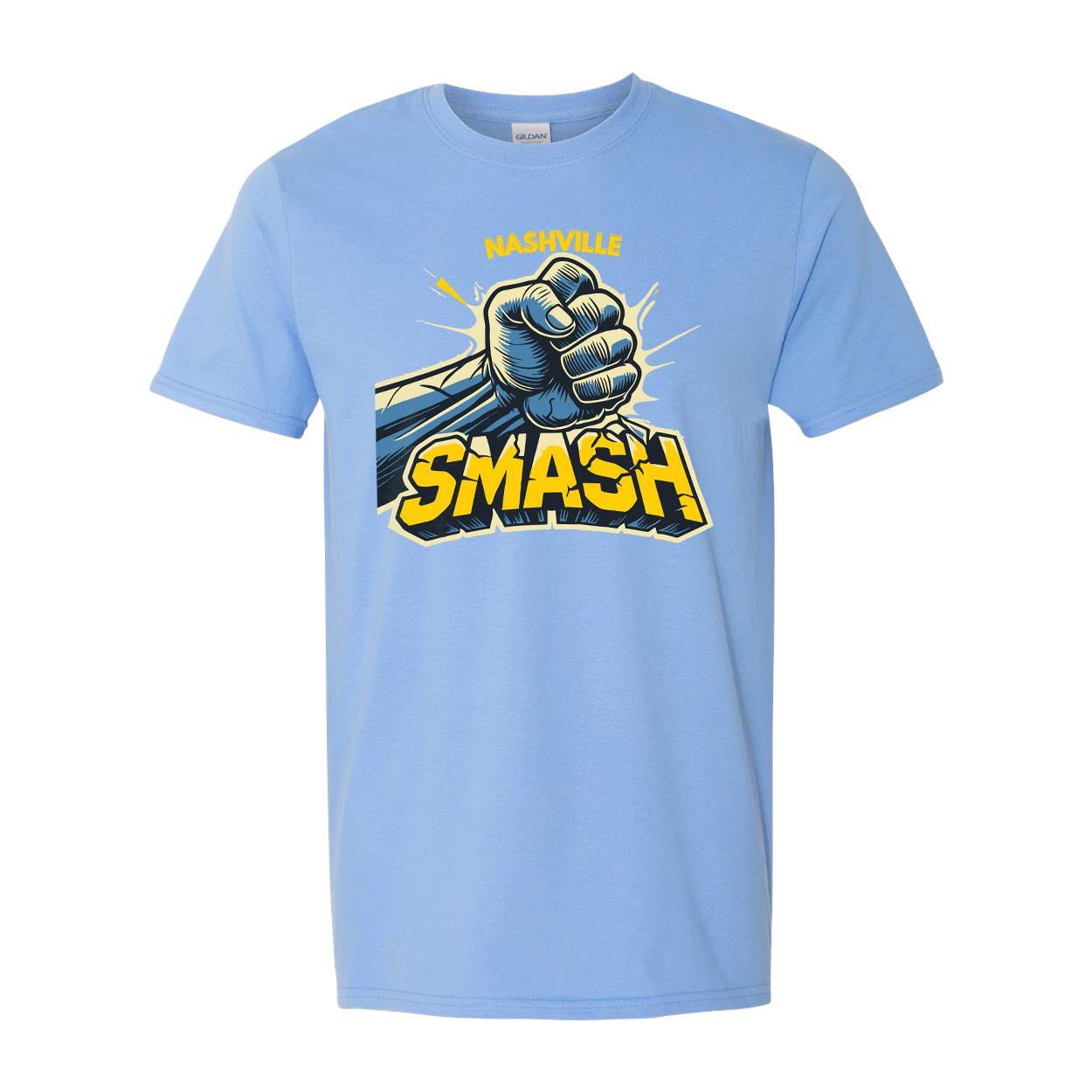 Light blue t-shirt with a graphic of a fist and 'Nashville Smash' text on a white background