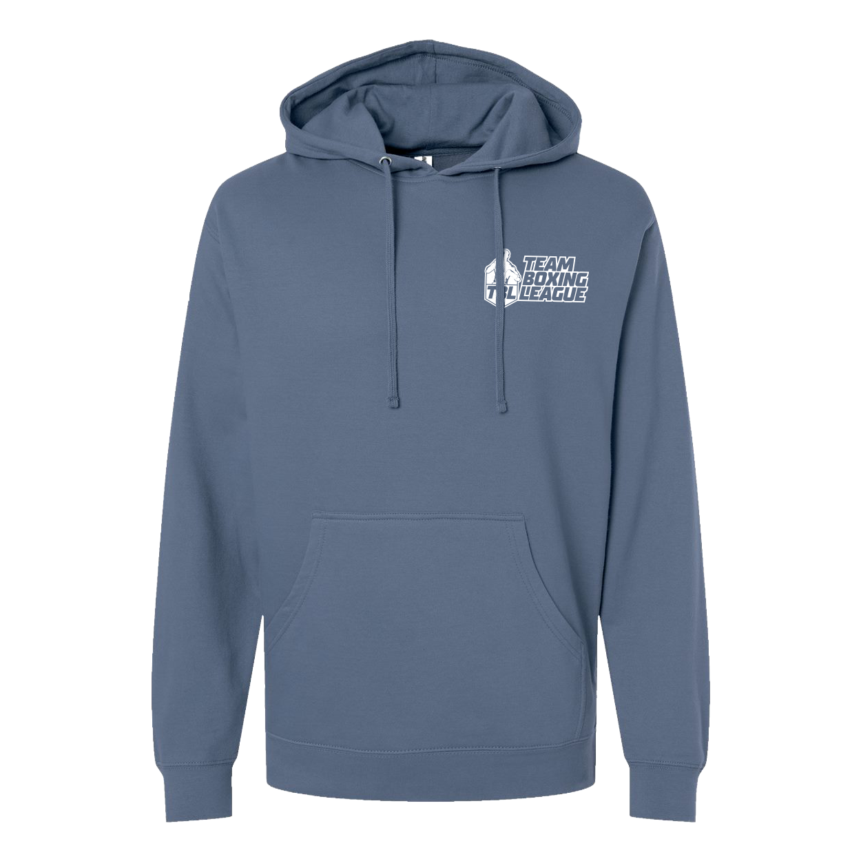 Blue hoodie with 'Team Boxing League' logo on a white background
