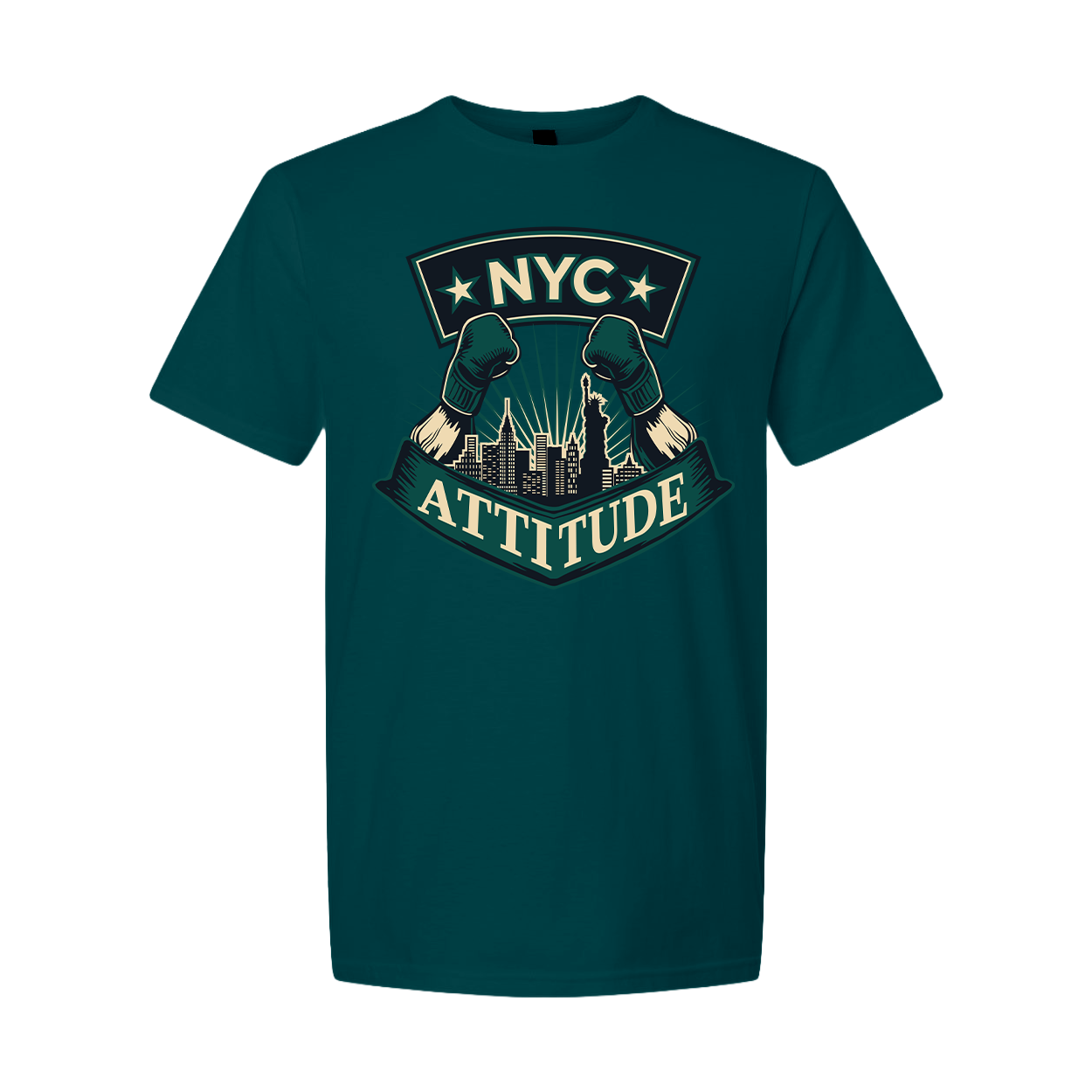 Teal t-shirt with 'NYC Attitude' graphic design on a white background