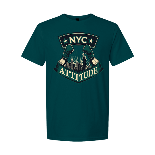 Teal t-shirt with 'NYC Attitude' graphic design on a white background
