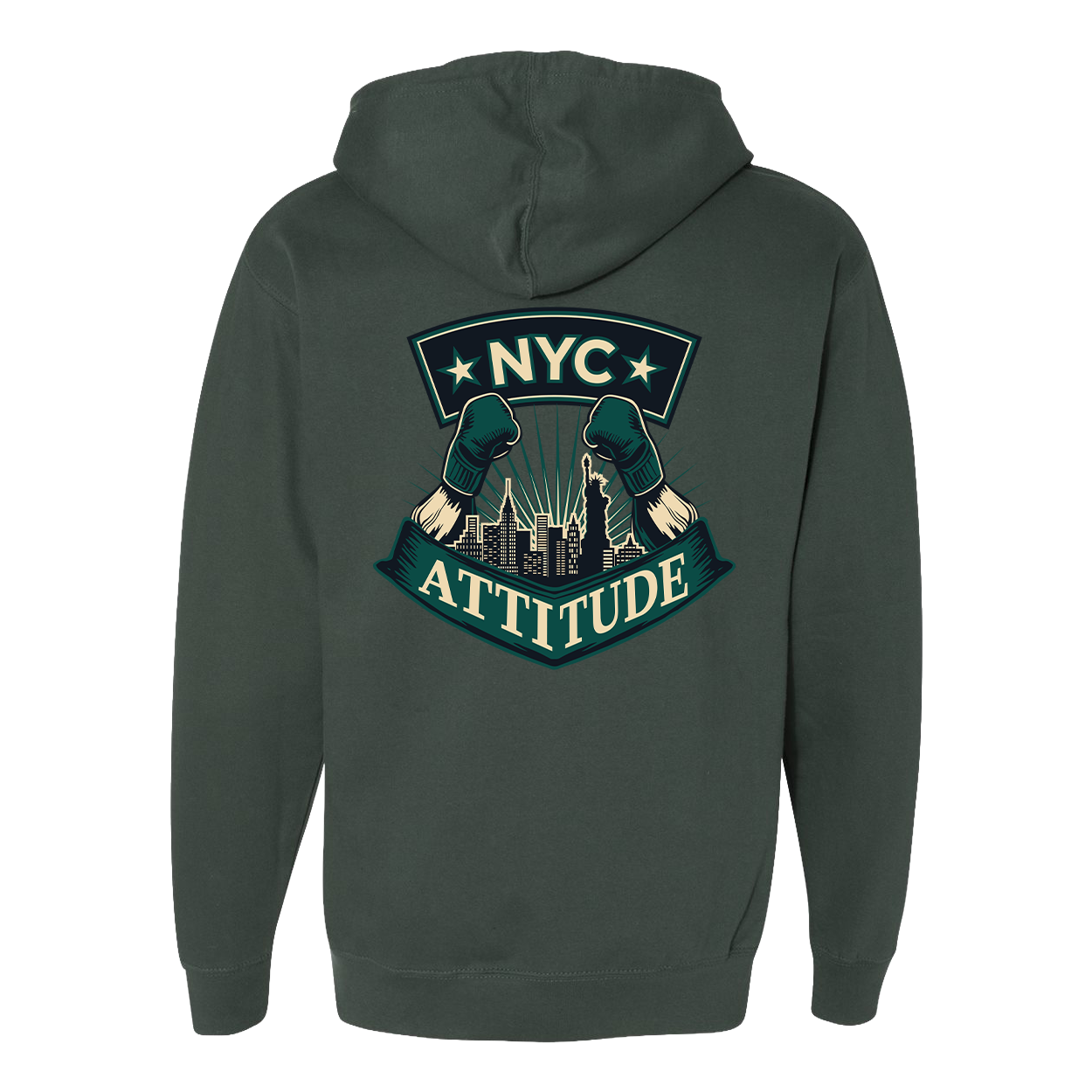 Dark gray hoodie with 'NYC Attitude' graphic on the back against a white background