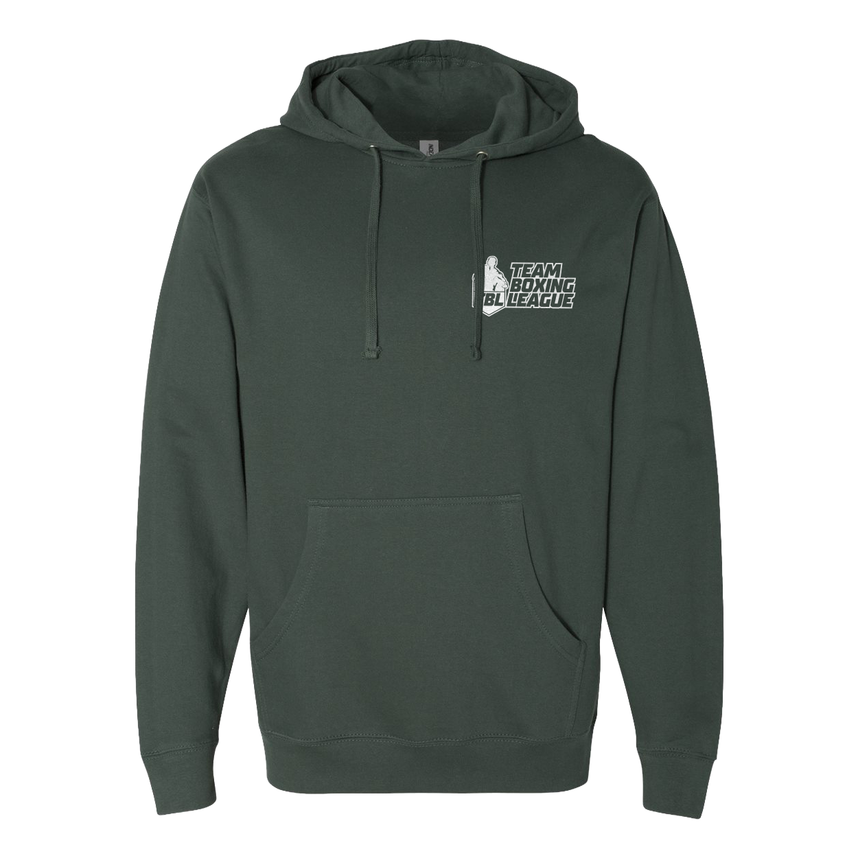 Green hoodie with 'Team Boxing Blue League' logo on a white background