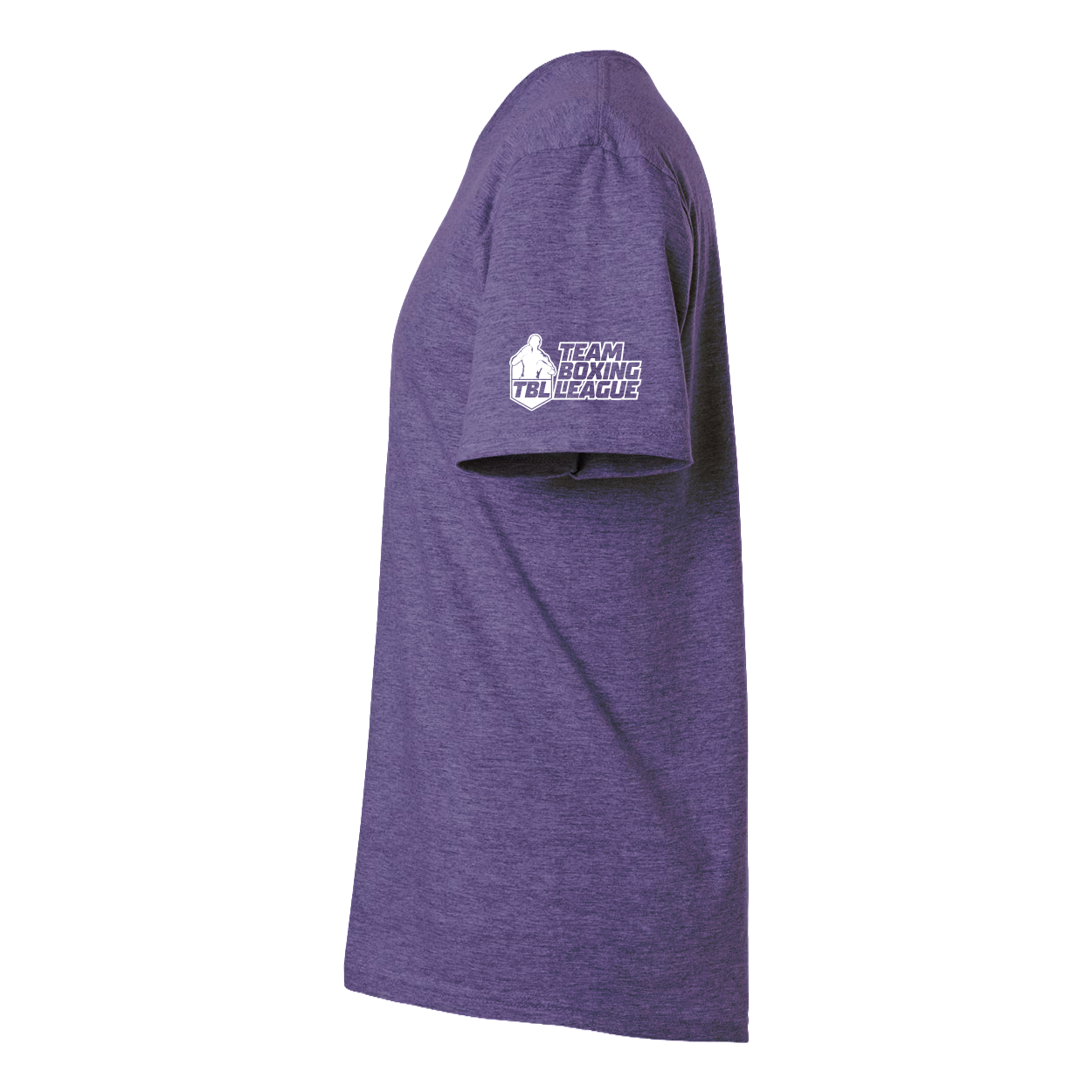 Purple t-shirt with a logo on the sleeve against a white background