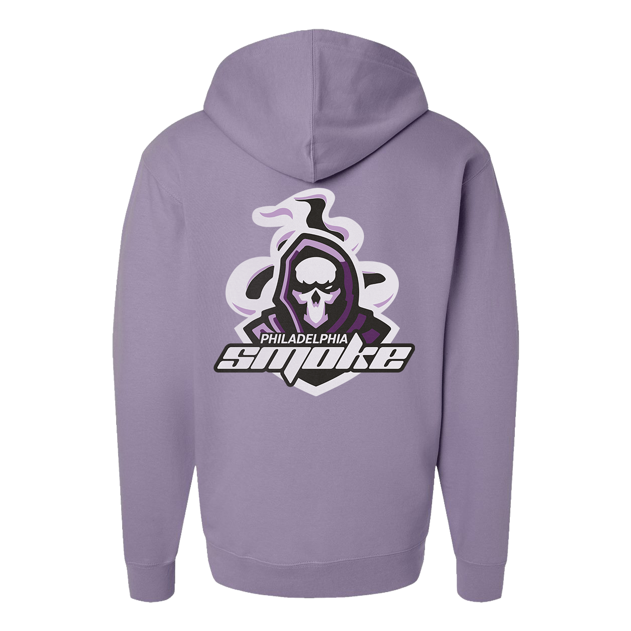 Purple hoodie with Philadelphia Smoke logo on the back against a white background