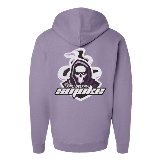 Purple hoodie with Philadelphia Smoke logo on the back against a white background