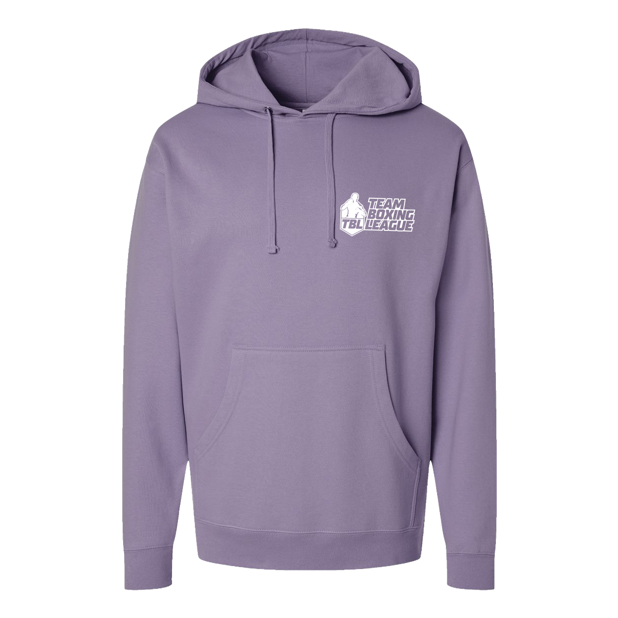 Purple hoodie with a logo on the chest against a white background