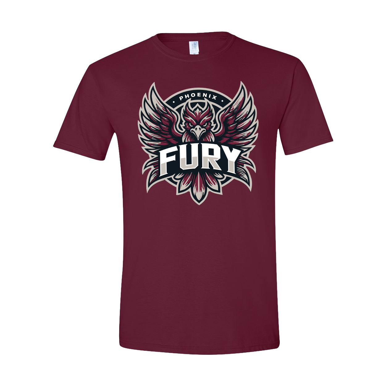 Maroon t-shirt with 'Fury' graphic design on a white background