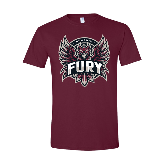 Maroon t-shirt with 'Fury' graphic design on a white background