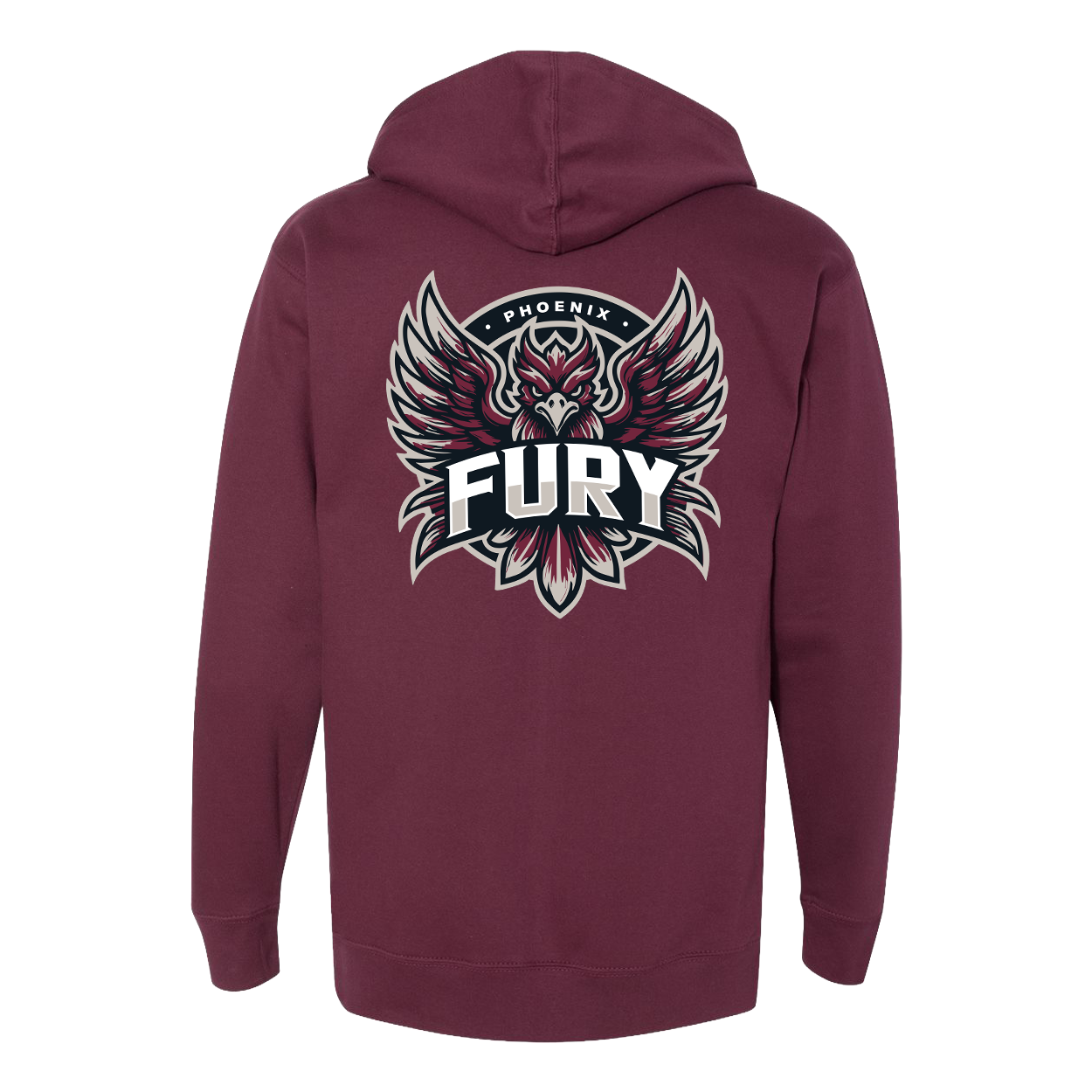 Maroon hoodie with 'Fury' logo on the back against a white background