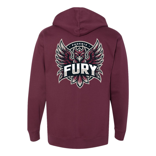 Maroon hoodie with 'Fury' logo on the back against a white background