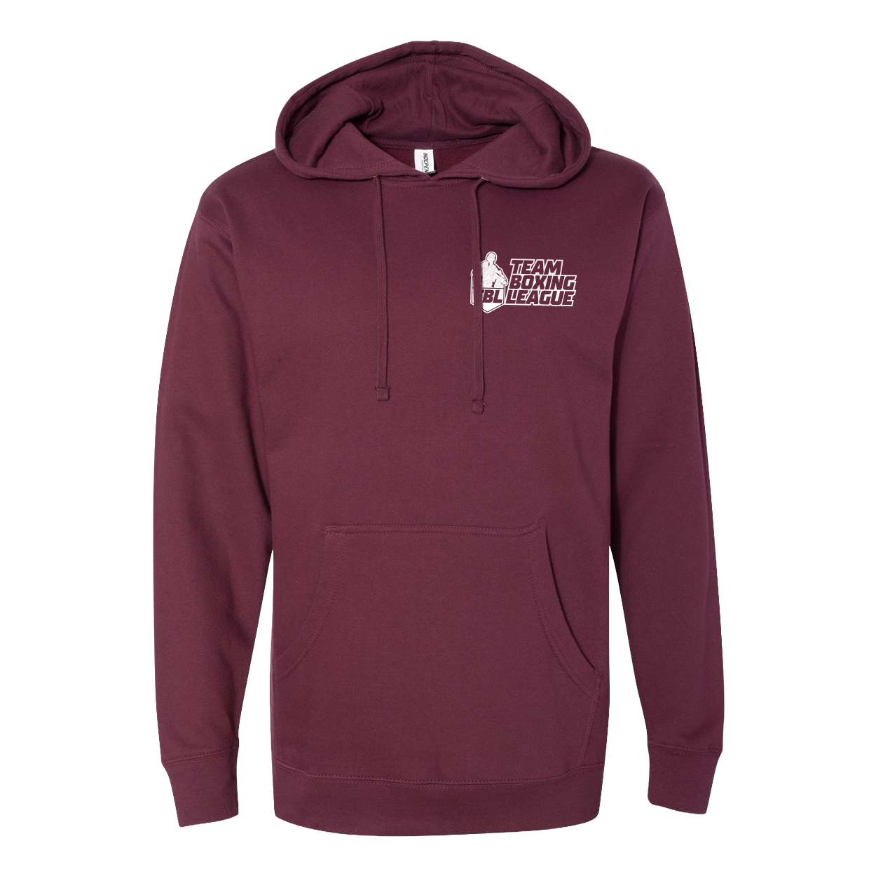 Maroon hoodie with a logo on the chest against a white background