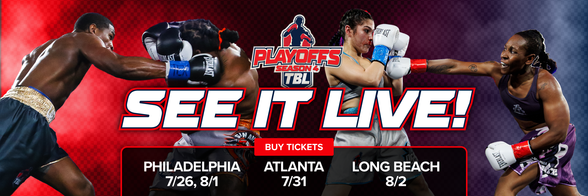 Promotional graphic for Playoffs Series 78BL boxing event, featuring four active boxers in a dynamic match scene with large text reading 'SEE IT LIVE!' and ticket dates for Philadelphia, Atlanta, and Long Beach.