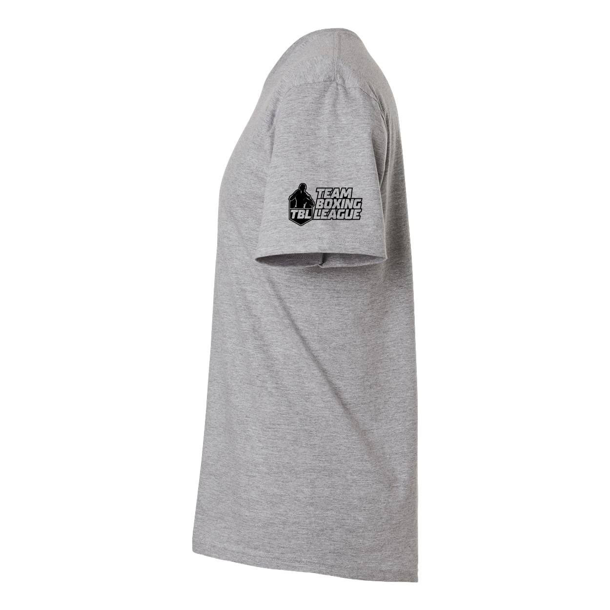 Gray t-shirt with a logo on the sleeve against a white background